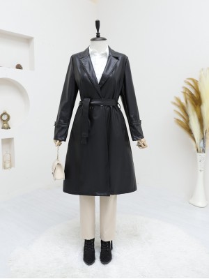 Kemerli Yan Cepli Deri Trenckot -Siyah