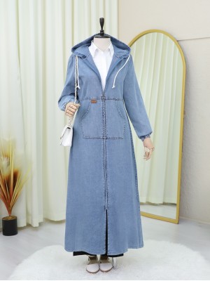 Kapşonlu Fermuarlı Kolu Lastikli Kot Kap -Buz Mavi