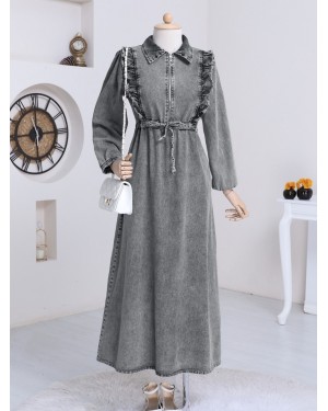 Robadan fırfırlı Belden Büzgü Kot Elbise  -Füme