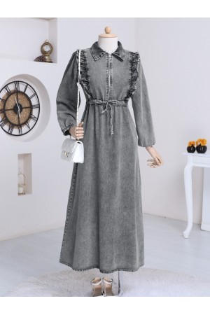 Ruffled Ruffle Waist Smocked Denim Dress  -Smoked 