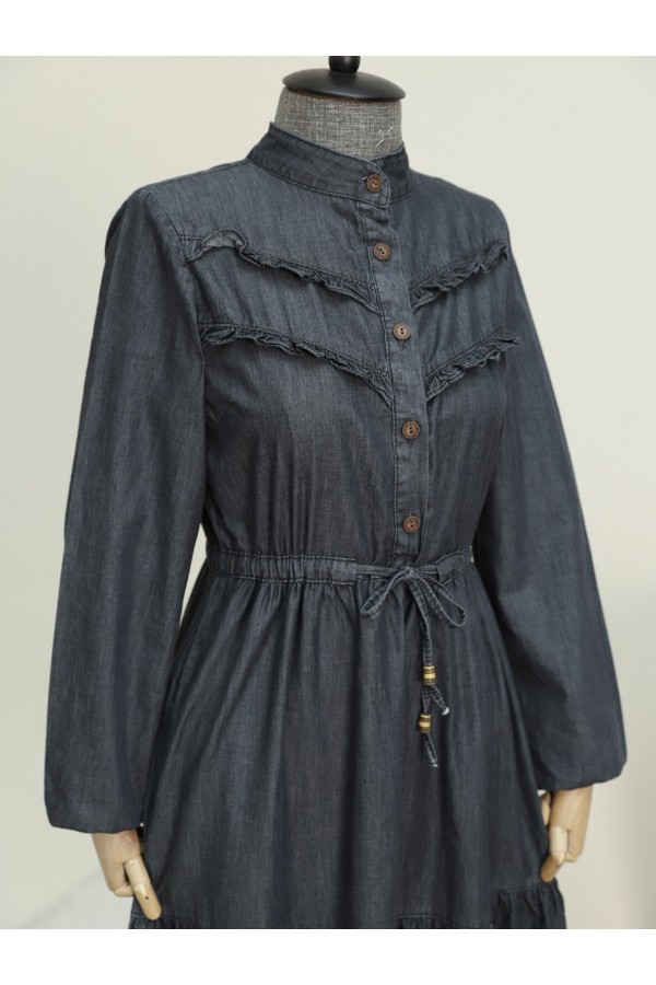 Half Buttoned Front Frilly Pieced Jeans Dress   -Anthracite