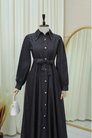 Belden Bağlamalı Önü Düğmeli Boncuklu Kot Elbise -Antrasit