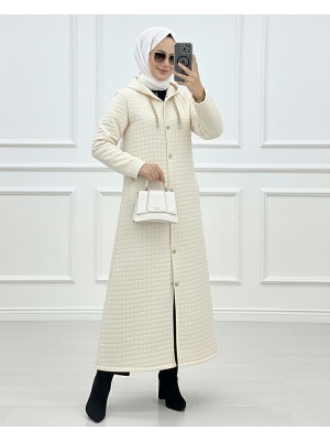 Long Quilted Coat with Chain Detail on Collar -Stone