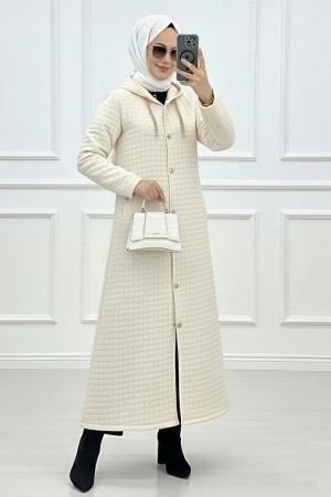 Long Quilted Coat with Chain Detail on Collar -Stone