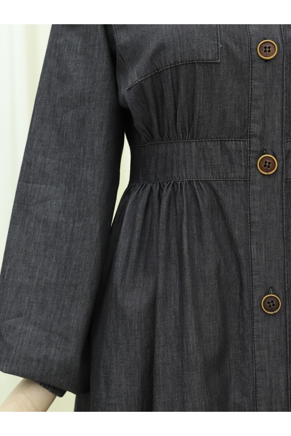 Denim Dress with Elastic Sleeves and Buttons on the Neck and Double Pockets -Anthracite