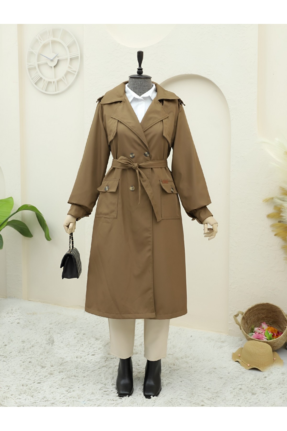 Torba Cepli Bolero Detaylı Trençkot -Taba