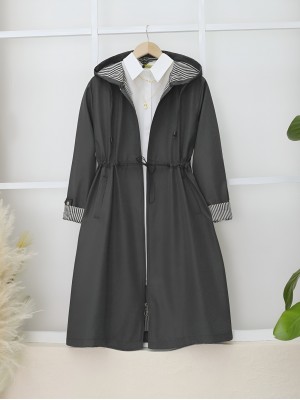 Beli Lastikli Kolu Katlamalı Kapşonlu Trenckot  -Antrasit