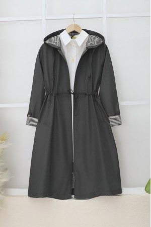 Beli Lastikli Kolu Katlamalı Kapşonlu Trenckot  -Antrasit