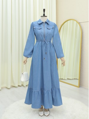 Tünel Bağcıklı Yarım Fermuarlı Cepli Kot Elbise -Mavi
