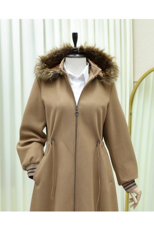 Kapşonlu Beli Lastikli Cepli Kaşe Kaban -Taba