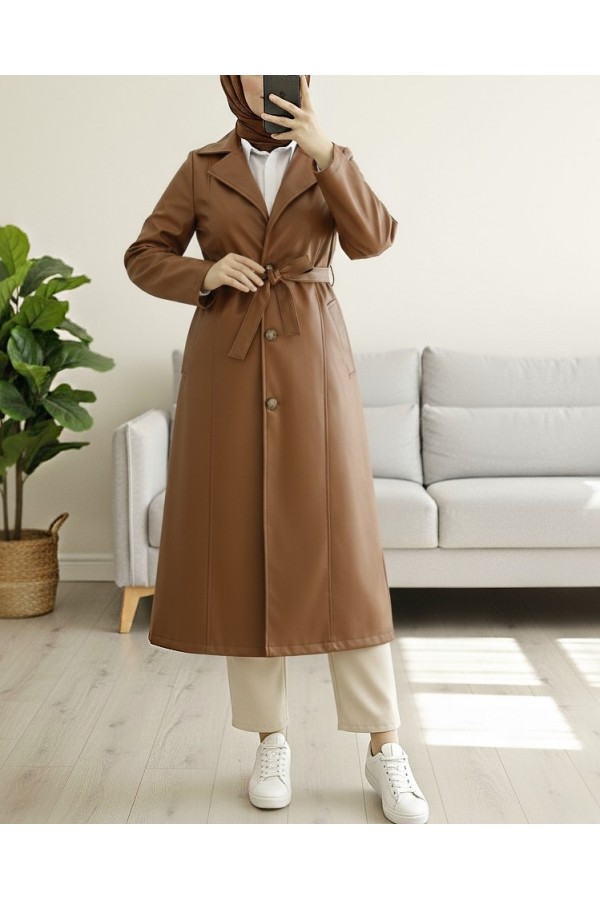 Lace-Up Buttoned Leather Trench Coat -Snuff