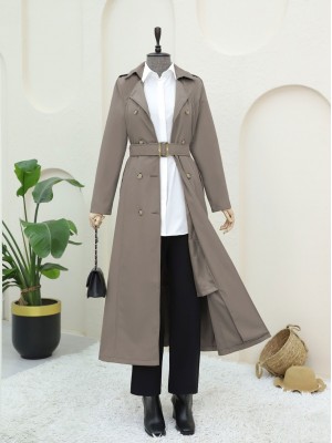 Çift Düğmeli Kemerli Trençkot  -Taş