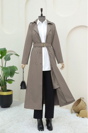 Çift Düğmeli Kemerli Trençkot  -Taş