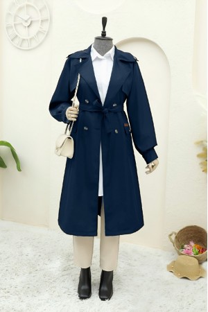 Bolero Detailed Trench Coat with Pocket Pouches -Navy blue