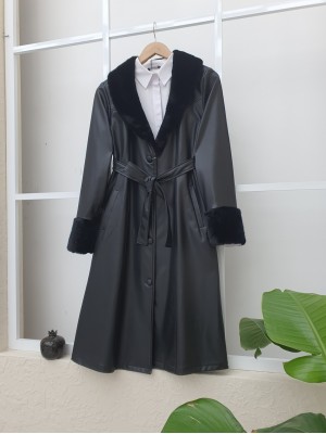 Yakası ve Kol Manşeti Soft Peluş Deri Kap -Siyah