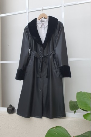 Yakası ve Kol Manşeti Soft Peluş Deri Kap -Siyah