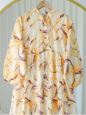 Floral Patterned Half Buttoned Dress with Elastic Sleeves -Mustard