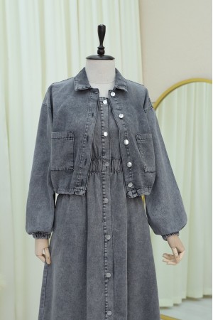 Beli Lastikli Boydan Düğmeli Jile Ceket Takım -Füme