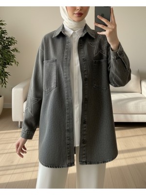 Yıldız Taş Baskılı Çift Cepli Kot Ceket -Füme