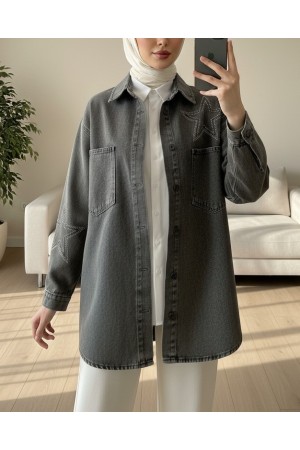 Star Stone Printed Double Pocket Denim Jacket -Smoked 
