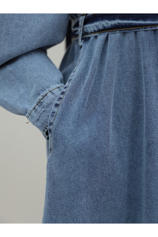 Shoulder Piping Buttoned Denim Dress -Ice Blue