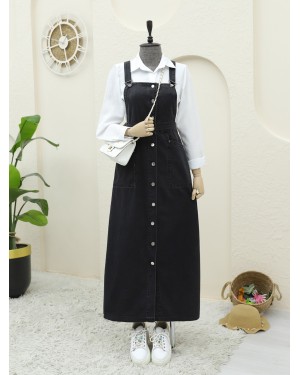 Buttoned Double Pocket Denim Overalls -Black
