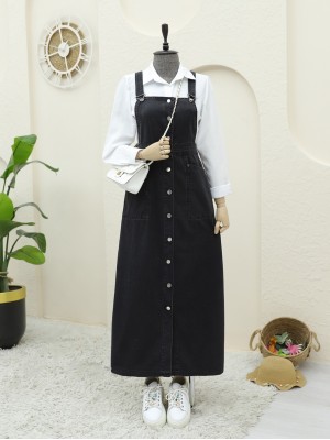 Buttoned Double Pocket Denim Overalls -Black