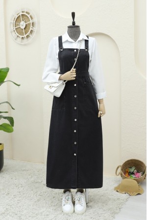 Boydan Düğmeli Çift Cepli Kot Salopet -Siyah