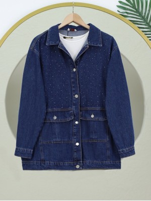 Serpme Taş Detaylı Kapaklı Cepli Kot Ceket -İndigo