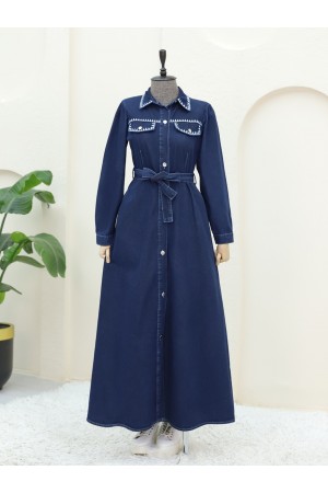 Yakası Nakış Detaylı Kemerli Kot Elbise  -K.Laci