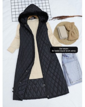 Quilted Hooded Long Vest -Black