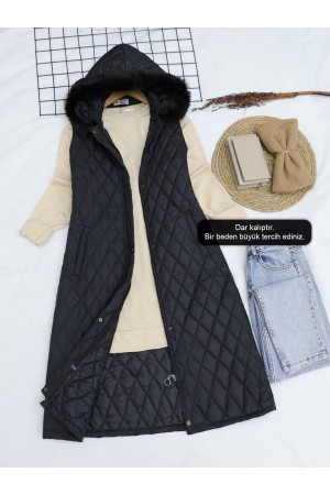 Çıkma Kapşonlu Kapitone Uzun Yelek -Siyah