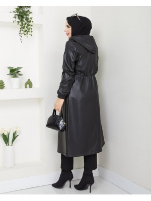 Kapşonlu Cepli Beli Bağcıklı Kolu Lastikli Deri Kap -Siyah