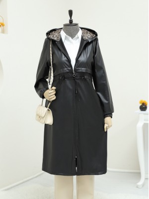 Tünel Bağcıklı Kapşonlu Fermuarlı Deri Kap -Siyah