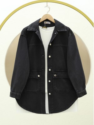 Torba Cepli Oval Kesim Kot Gömlek Ceket -Siyah