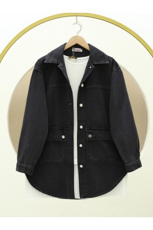 Oval Cut Denim Shirt Jacket with Pockets -Black