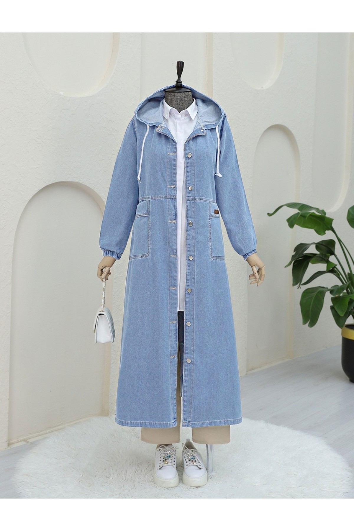 Button Down Hooded Folded Pocket Denim Coat  -Light blue
