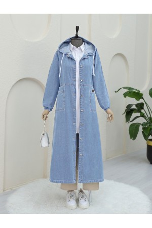 Boydan Düğmeli Kapşonlu Katlama Cepli Kot Kap  -Açık Mavi