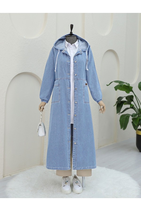 Button Down Hooded Folded Pocket Denim Coat  -Light blue