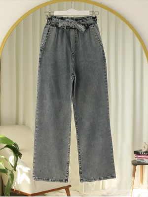 Beli Kuşaklı Lastikli Cepli Kot Pantolon -Antrasit