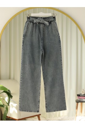 Beli Kuşaklı Lastikli Cepli Kot Pantolon -Antrasit