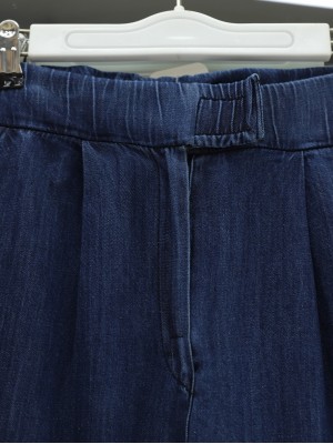 Çift Cepli Beli Lastikli Cırtlı Pileli Pantolon  -İndigo