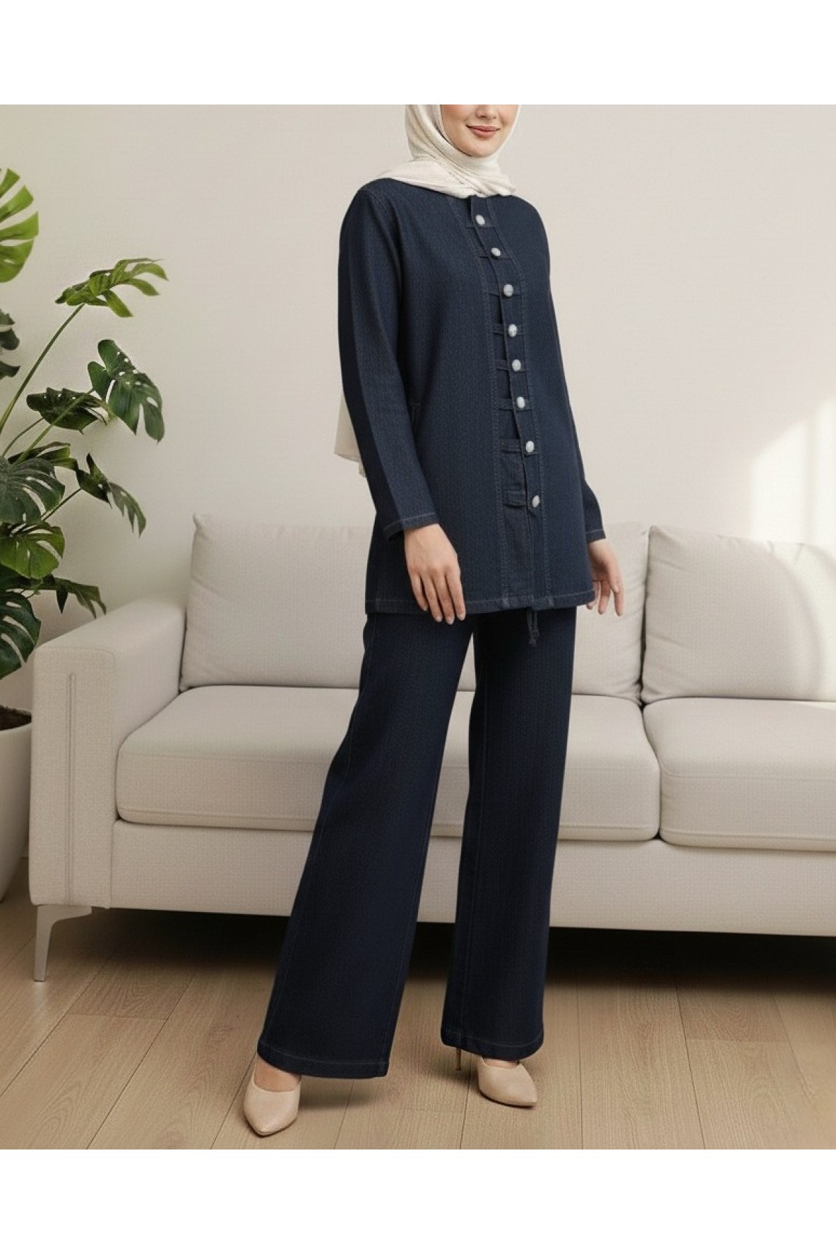 Button-Front Trouser Denim Suit -Navy blue
