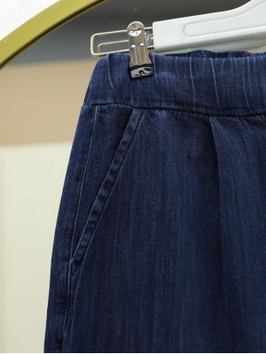 Çift Cepli Beli Lastikli Cırtlı Pileli Pantolon  -İndigo