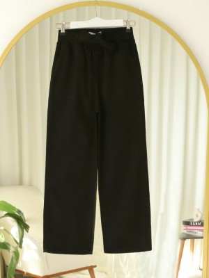 Beli Kuşaklı Lastikli Cepli Kot Pantolon -Siyah