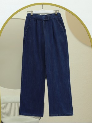 Çift Cepli Beli Lastikli Cırtlı Pileli Pantolon  -İndigo