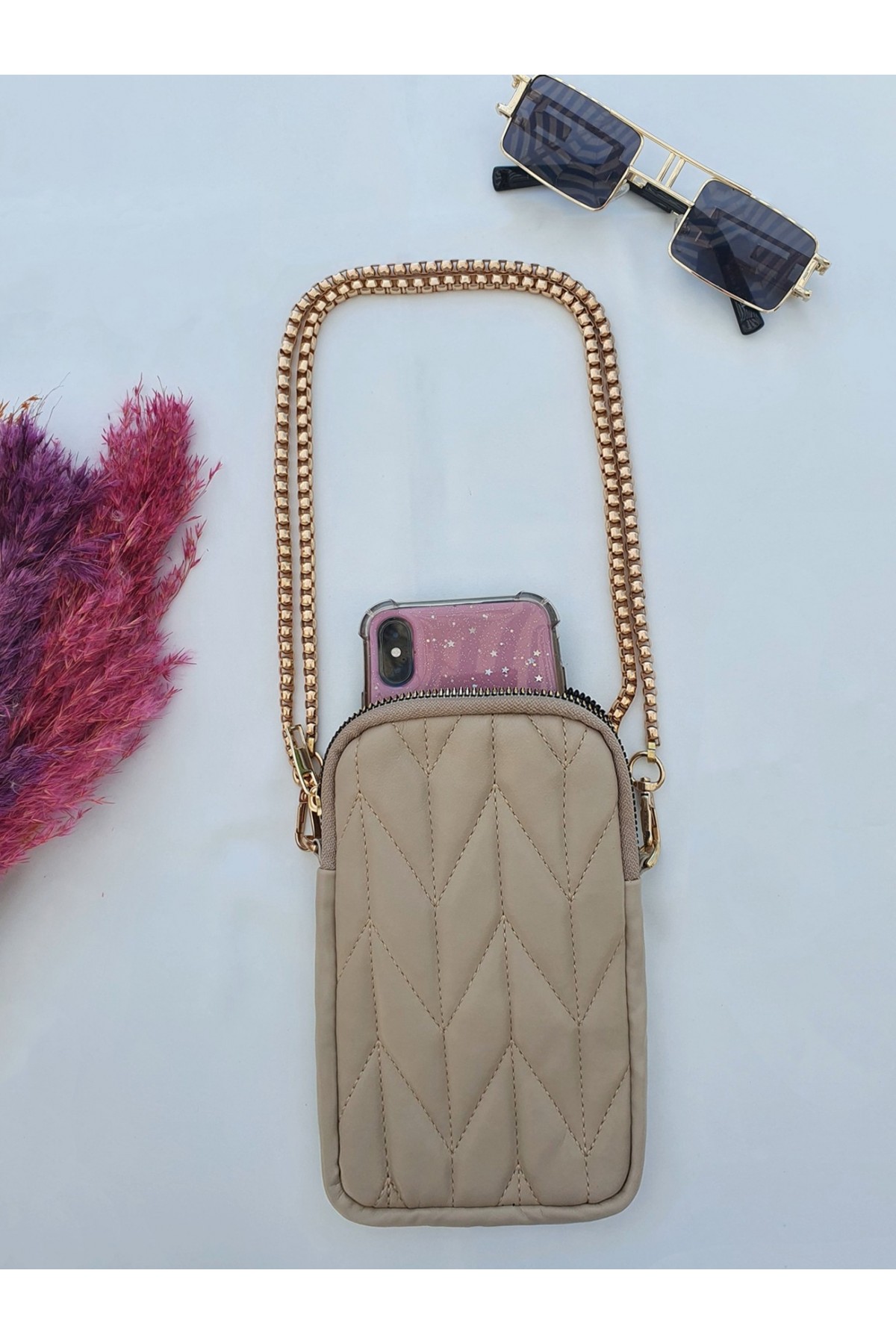 Wallet with Phone Holder Chain Strap -Stone