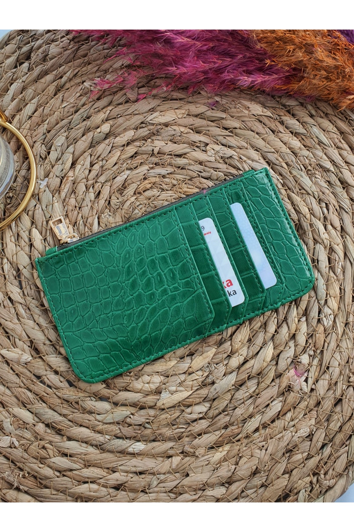 Patterned Zippered Card Holder Wallet -Green