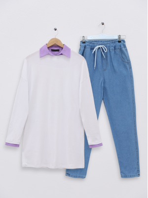 Uzun Kollu Düz Sweat -Beyaz