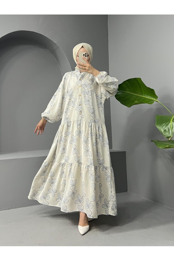 High Collar Half Buttoned Linen Dress -Baby Blue